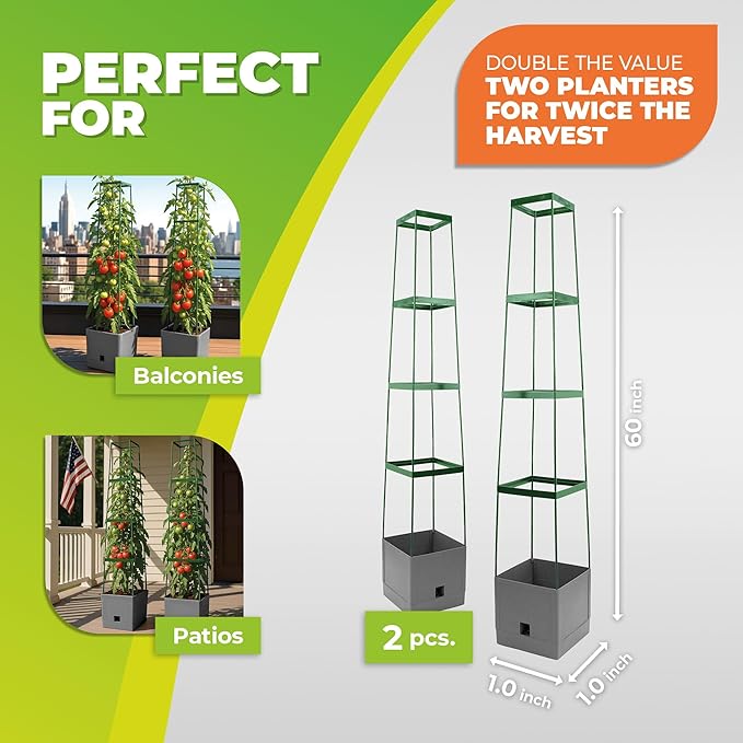 Bio Green 2 Pack Garden Tomato Planter MAXITOM, with Plant Support Trellis 59 inch and Self Watering, 4,2 Gal Planter Box for Climbing Vegetables Plants, Gray