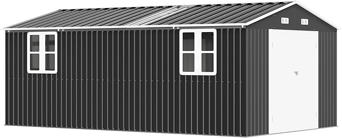 AMERLIFE 10x16x7.2 FT Metal Storage Shed with 2 Transparent Panels, Outdoor Tool Shed with Hinged Double Doors, Windows & Vents, Reinforced Steel Frame for Backyard Garden, DIY Workshop, Dark Gray