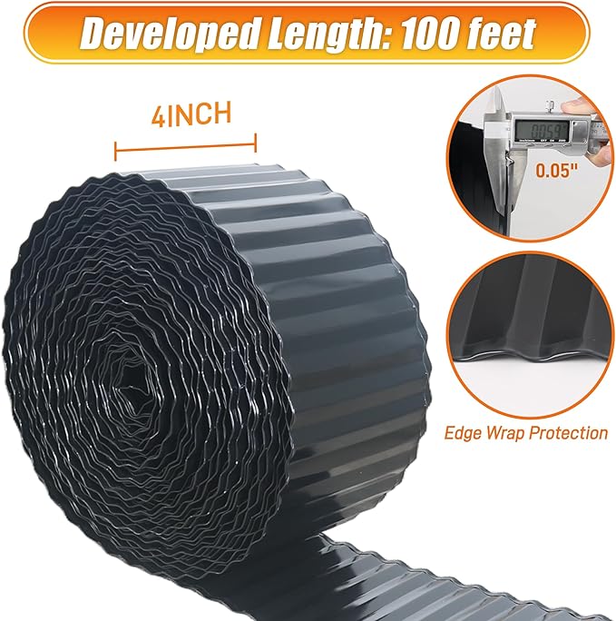Corrugated Metal Garden Edging, 4"×100Ft Landscape Edging Border for Lawn, Flower Bed and Garden, Flexible Lawn Edging for DIY Tree Surrounds Borders and Landscaping, Black