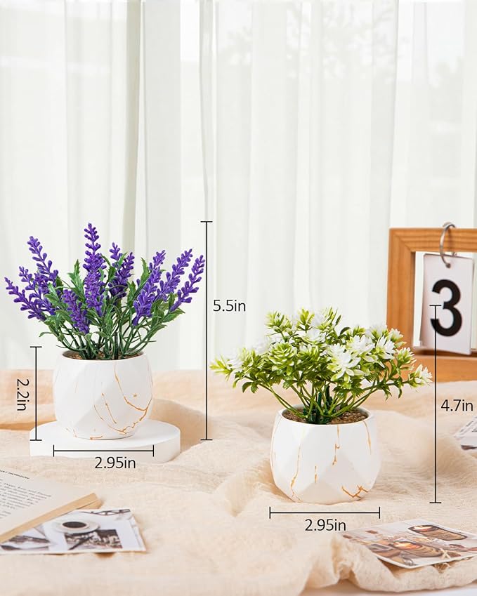 2 Pack Artificial Pot Flowers Small Fake Plants, Artificial Lavender & Wildflower Potted Plants, Fake Mini Plants for Home Decor, Tabletop, Shelf, Office, Bathroom, Farmhouse