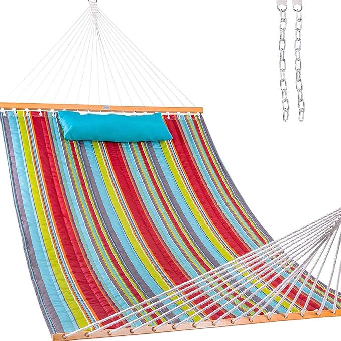 Lazy Daze Hammocks 12 FT Quilted Fabric Double Hammock with Spreader Bars and Detachable Pillow, 2 Person Hammock for Outdoor Patio Backyard Poolside, 450lbs Weight Capacity, Blue&Red Stripes