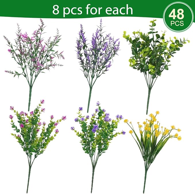 Hananona 48 Pcs Artificial Flowers Outdoor, Faux Artificial Plants UV Resistant Plastic Wild Flower Bulk for Hanging Planter Porch Window Home Wedding Summer Decor(48, Multiple Color)