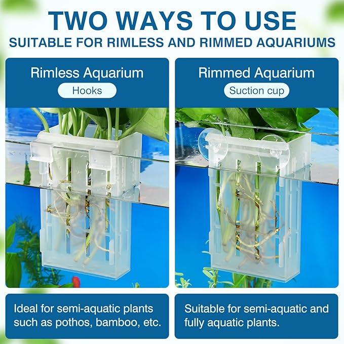 Upgraded Large Aquarium Plant Holder with Hooks and Suction Cups for Fish Tank Aquaponic Plant Cultivation and Aquascape Decorations (Semitransparent)