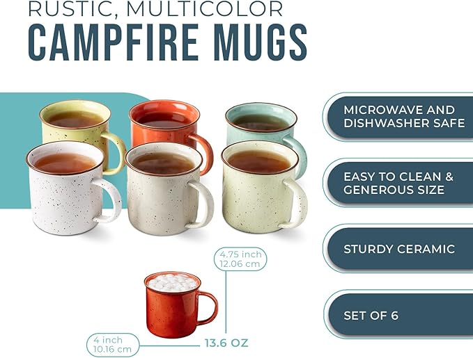 Speckled Campfire Style Mugs - Set of 6-14 oz - Cozy Colors - Coffee Cups - Camping Coffee Mugs - Ceramic - Enamel - Use for Tea/Hot Drinks