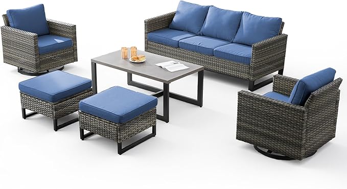 6 Pieces Patio Furniture Set-All Weather Outdoor Swivel Rocker Patio Chairs with 3-Seat Section Couch and Rattan Coffee Table Outdoor Conversation Sets for Garden Backyard Deck(Grey/Blue)