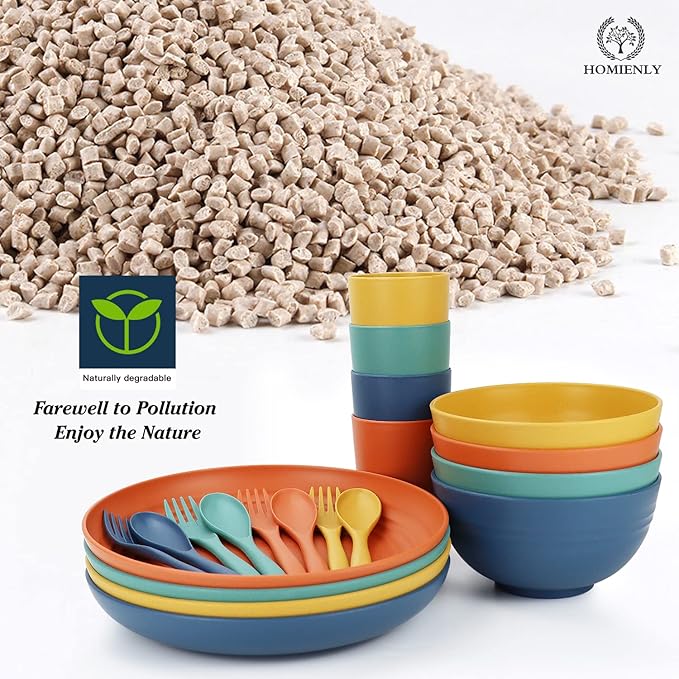 Homienly Wheat Straw Dinnerware Sets, 20pcs Dishes Dinnerware Sets Microwave and Dishwasher Safe, Lightweight Unbreakable Dish Set, Reusable Dinner Plates Kids Plates and Bowls Sets (Multicolor)