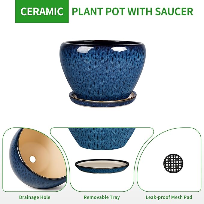 Deep Dream 6 Inch Plant Pots- Ceramic Planter Pot with Drainage Hole and Saucer, Round Flower Pot for Indoor Outdoor Succulent, Snake Plants and Cactus, Blue