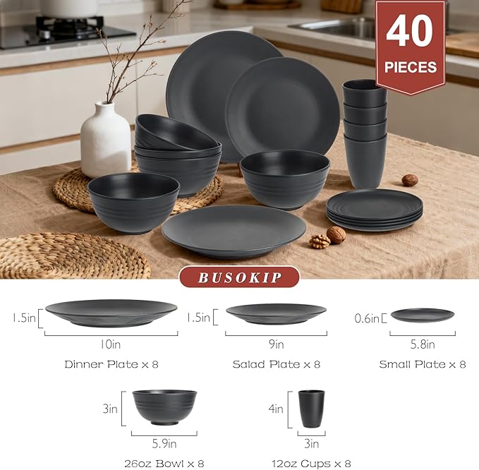 Wheat Straw Dinnerware Sets 40 PCS- Unbreakable Dishes Set for 8, Dishwasher and Microwave Safe Plates and Bowls Sets, Reusable Plastic Plates, Bowls, Drinking Cups for Camping, Party - Black