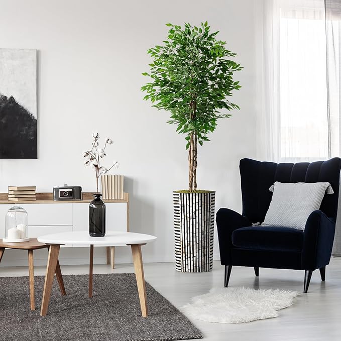 Artificial Tree in Black and Brown Striped Planter, Fake Ficus Silk Tree for Indoor and Outdoor Home Decoration - 75" Overall Tall (Plant Pot Plus Tree)