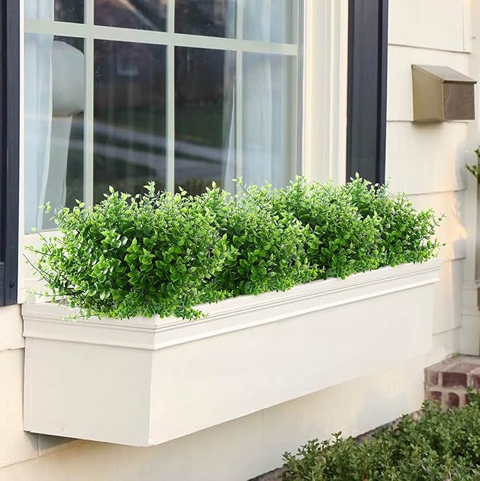 GREENRAIN Artificial Flowers Outdoor Fake Flowers for Decoration UV Resistant No Fade Faux Plastic Plants Garden Porch Window Box Décor (18 Bundles, 1#Green)