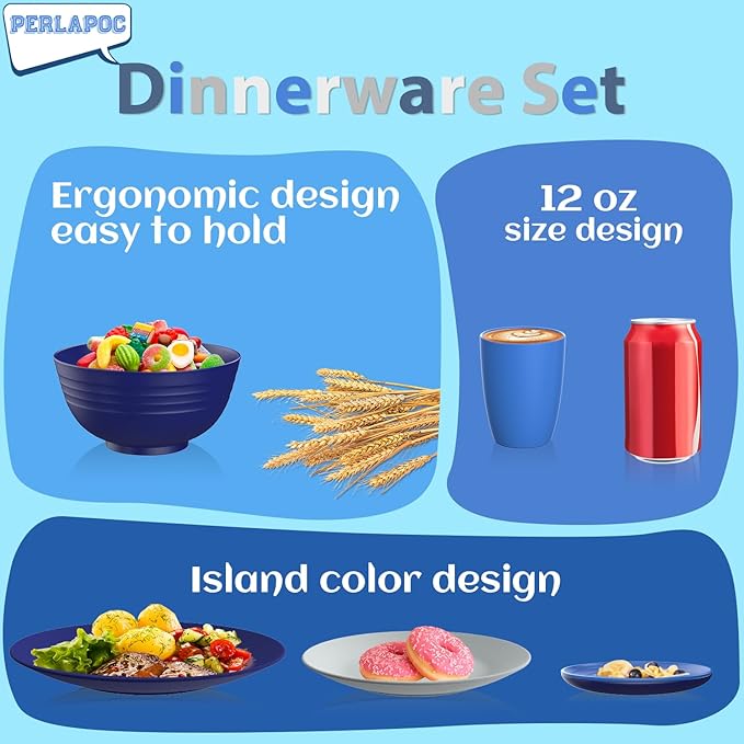Dinnerware Set 40 PCS Wheat Straw Dishes Set - Service for 8 Unbreakable Plastic Dish Set Microwave Safe Plates and Bowls Sets Lightweight Cups Sets Outdoor Dishes - Island Colors