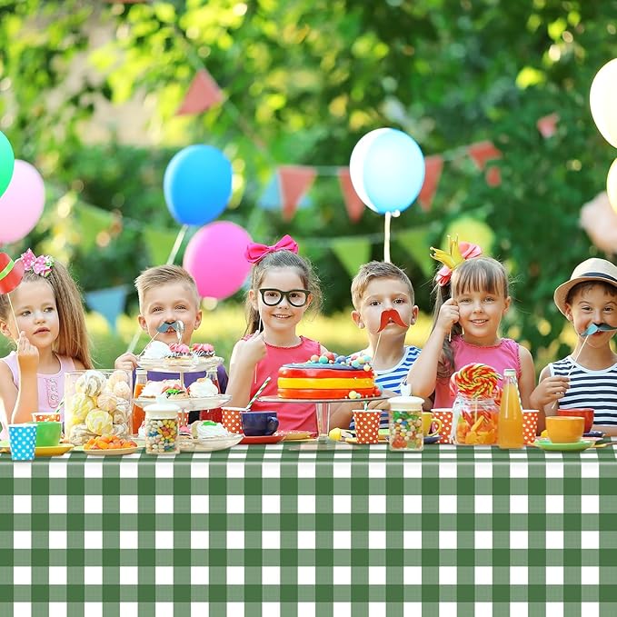 6 Pack Sage Green and White Checkered Tablecloth, Plastic Table Cloths for Parties Disposable, 54x108 in Waterproof Rectangular Gingham Camping Tablecloth for Birthday, Party, Baby Shower