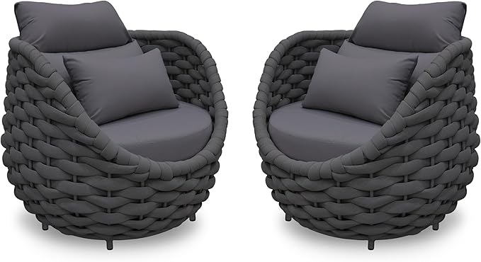 2 PCS Front Porch Accent Chair: Aluminum Woven Rope Armchair Assembled - Cushioned Patio Single Chair w/Arms Modern - All Weather Balcony Furniture for 400lbs Outdoor Yard Deck Hotel, Dark Gray