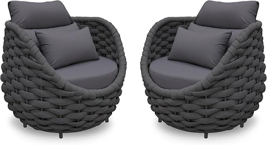 2 PCS Front Porch Accent Chair: Aluminum Woven Rope Armchair Assembled - Cushioned Patio Single Chair w/Arms Modern - All Weather Balcony Furniture for 400lbs Outdoor Yard Deck Hotel, Dark Gray