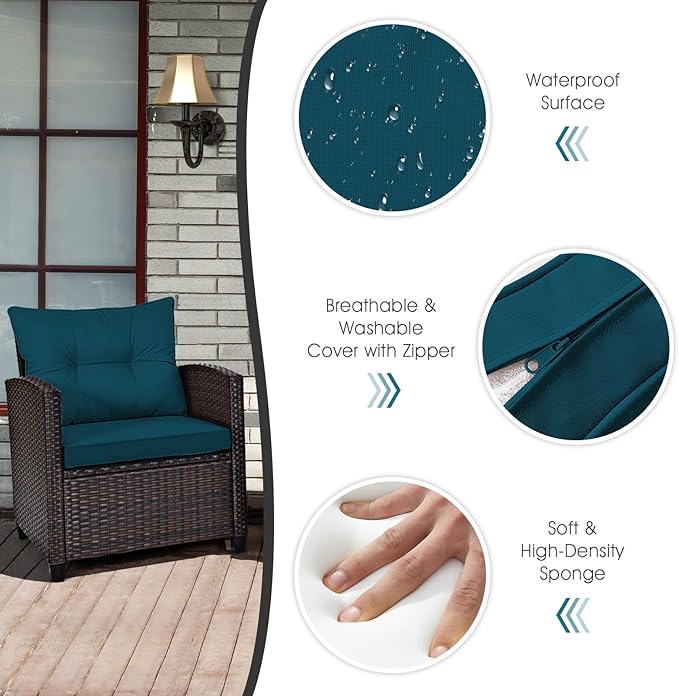 HAPPYGRILL 3 Pieces Patio Conversation Set, Outdoor Furniture Set PE Rattan Sofa Set with Removable Cushions, PE Wicker Chairs with Tempered Glass Side Table for Porch Lawn Garden Balcony Backyard