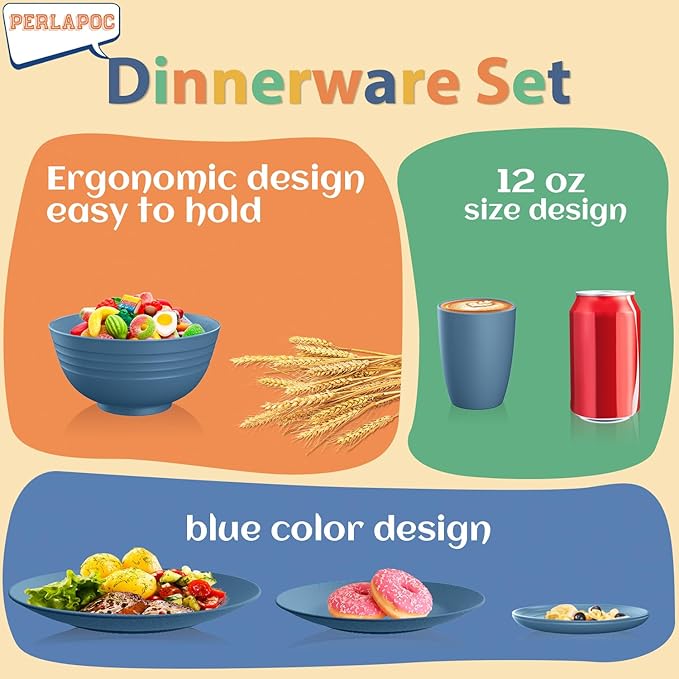 40-Piece Wheat Straw Dinnerware Sets,Unbreakable Dishes Set for 8 - Drinking Cups, Plates and Bowls Sets, Reusable Microwave Safe Dinnerware Set for Home, Outdooor, RVs - Blue