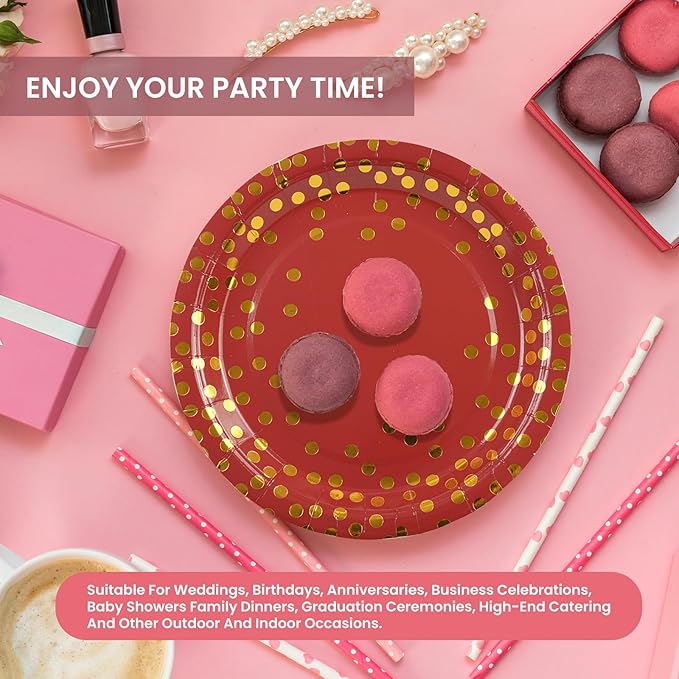 75PCS Paper Plates and Napkins Set - Red and Gold Dot Disposable Party Dinnerware Includes Paper Plates, Napkins, Forks Decorations for Graduations, Birthdays and Weddings, Serves 25