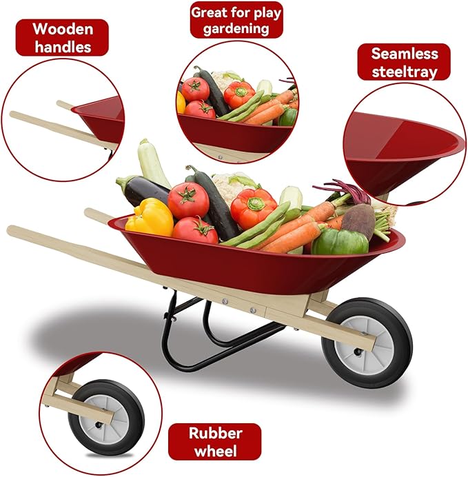 Kids Wheelbarrow Set with Gardening Tools Outdoor Backyard Garden Play for Toddlers Boys Girls 3-8, with Shovel, Rake, Leaf Rake, Easter Birthday Gifts (Wheelbarrow Red Color)