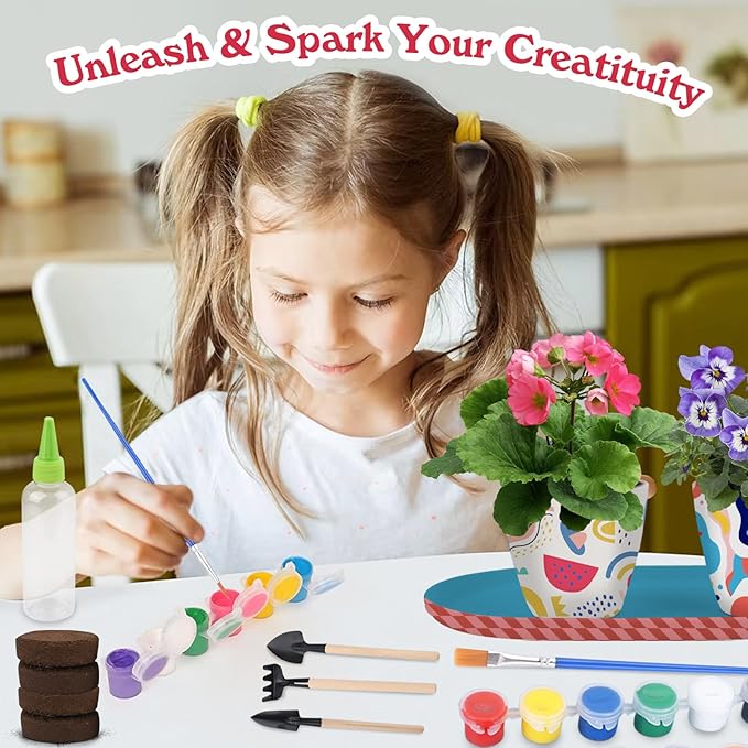 QSQSRUCH 4 Set Painting & Plant Flower Garden Kit, Arts and Crafts Kits for Kids Ages 4-8,Girls Gifts 8-10,Fairy Garden Set for Kids 8-12,Girls Toys Age 6-8, Gift for 4 5 6 7 8 9 10+ Year Old Girl