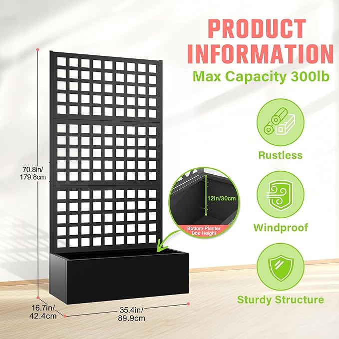 Metal Planter Box with Trellis, Raised Garder Bed with Drainage Hole, Outdoor Privacy Screen & Trellis for Climbing Plants, Plant Stands, 35''L×17''W×71''H, Black