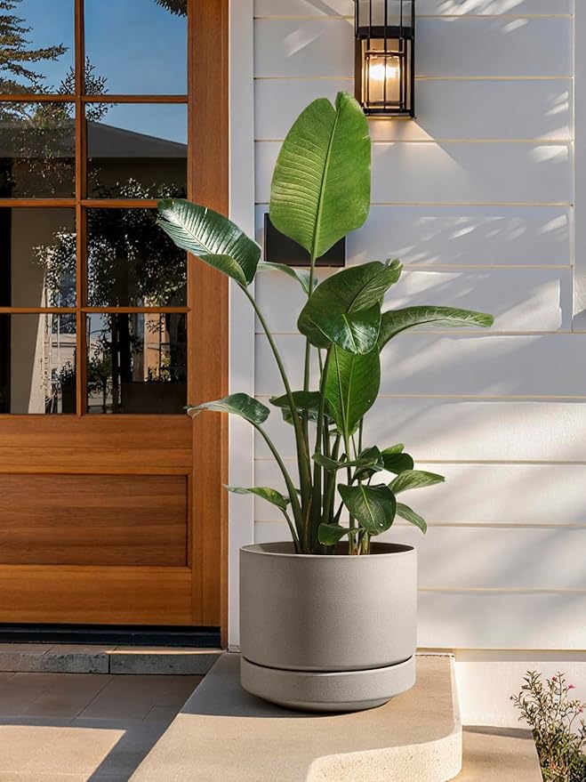 LE TAUCI Large 14 Inch Plant Pot with Saucer | Ceramic Outdoor & Indoor Big Planter Pot | Drainage Hole, Mesh Pad & Plug | Unglazed Porous | Modern Minimalist for Home and Patio – Neutral Gray