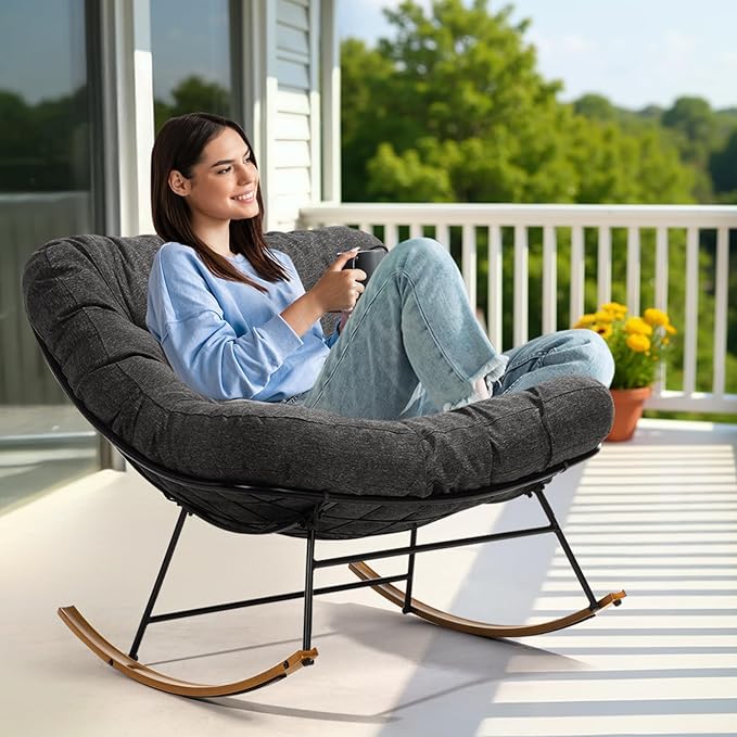 Bme Patio Rocking Chair Outdoor & Indoor, Metal Patio Lounge Rocking Chair with Thick Cushion, Comfy Modern Rocker Chair for Living Room, Porch, Backyard, Grey Cushion - Wood Texture Rocker