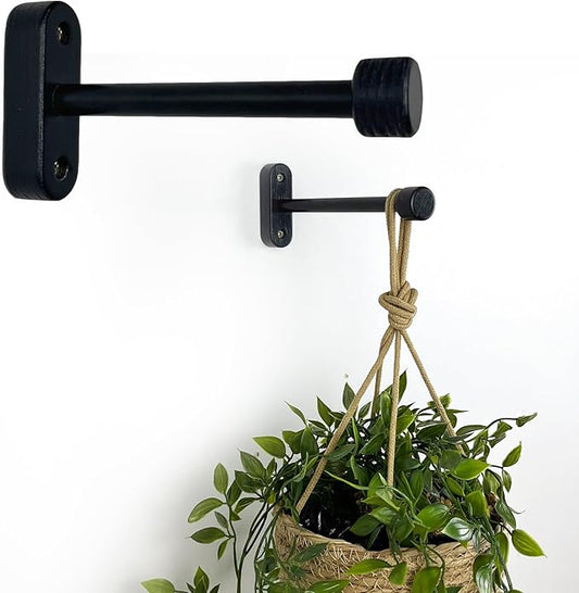 EvenWood 2-Piece Set of Wooden Plant Hooks for Wall with Sturdy Metal Tube - Plant Wall Hanger for Pots, Flower Brackets - Bracket Plant Hanger for Indoor and Outdoor Decorations (Black, 6 Inch)