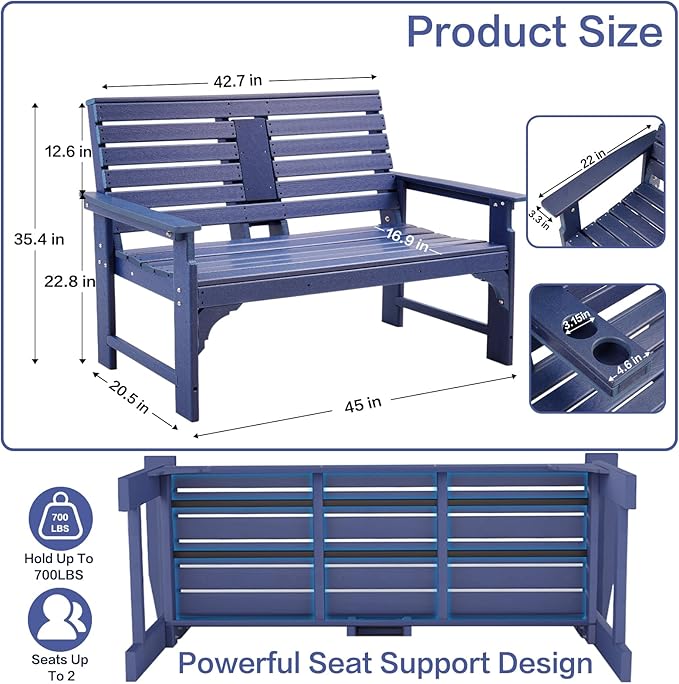 Outdoor Bench Weatherproof - HDPE 2-Person Garden Bench with Cup Holders, Bench Furniture with Backrest and Armrests, 700 lbs Capacity, Patio Park Bench for Front Porch Backyard Park (Blue)