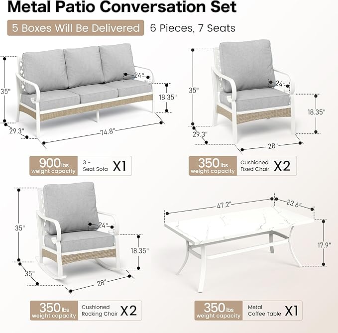 6 PCS Metal Outdoor Patio Furniture Set, Patio Conversation Set 1 3-Seater Couch, 2 Fixed Sofa, 2 Rocking Sofa with 5.75" Thick Cushion and Coffee Table White Backyard Furniture, Gray