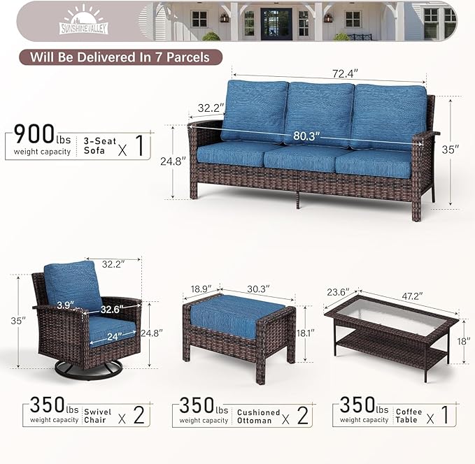 6 Piece Patio Furniture Set with Swivel Chairs, High Back Wicker Rattan Sofa with Extra Thick Cushion, Coffee Table and Ottoman, Outdoor Conversation Set for Backyard Deck, Blue