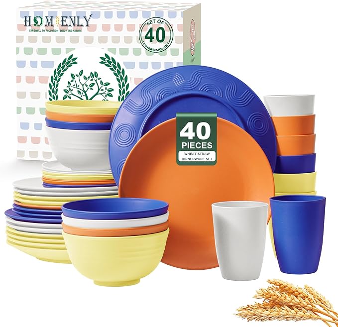 Homienly 40-Piece Wheat Straw Dinnerware Sets, Unbreakable Reusable Dinnerware Set, Service for 8, Kitchen Cups Plates and Bowls Set, Dishwasher Microwave Safe Dishes Set for Camping, Party - Mondrian
