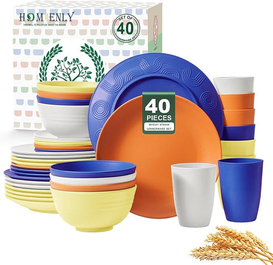 Homienly 40-Piece Wheat Straw Dinnerware Sets, Unbreakable Reusable Dinnerware Set, Service for 8, Kitchen Cups Plates and Bowls Set, Dishwasher Microwave Safe Dishes Set for Camping, Party - Mondrian