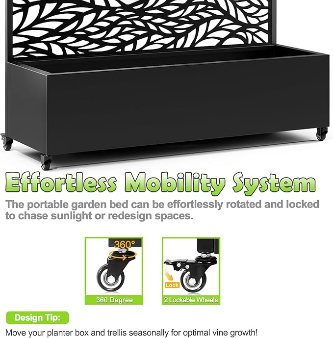 15.7"×70.9"×47.2" Metal Raised Garden Bed with Trellis and Wheels - Tall Trellis Planter Box for Climbing Plants, Vegetables & Vines - Outdoor Privacy Planters for Patio (Black-Spring)