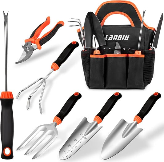 Garden Tool Set, 7 Piece Stainless Steel Heavy Duty Gardening Tool Set, with Non-Slip Rubber Grip, Storage Pocket, Ideal Garden Tool Kit Gift for Women/Parent (7-Piece Set)