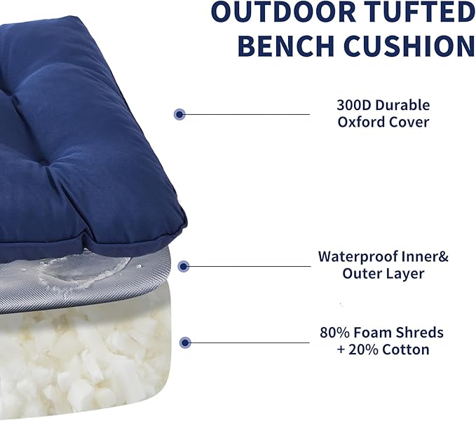 Outdoor Bench Cushion, 59x18x5 Inch, Waterproof Bench Cushion for Outdoor/Indoor Furniture, Tufted Patio Bench Seat Cushion, Fade Resistant Outdoor Cushions for Porch Swing Couch, Navy Blue