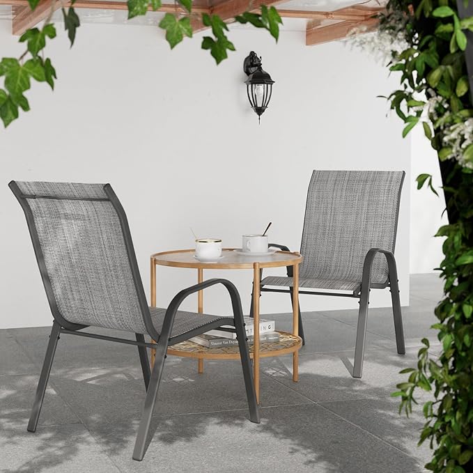 Patio Dining Chairs Set of 4, Stackable Dining Chairs High Back, Breathable Seat Fabric and Alloy Steel Frame for Backyard, Porch, Garden, Sunroom (Grey)