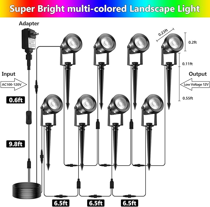 RGBW Color Changing Landscape Lighting,12V Low Voltage Landscape Lights Spotlights with Transformer Remote Control Decorative for Garden, Yard, Lawn, Pool, 50ft Cable(8 in 1)