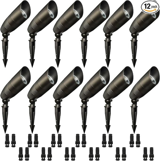 12-Pack Landscape Spot Lights Outdoor, 2700K-5000K Adjustable, 7W 580LM, IP65 Waterproof, CRI 90+, 12V Low Voltage Landscape Lighting for Garden, Yard, Bronze, ETL Listed