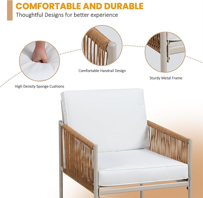 3 Pieces Patio Bistro Set,Outdoor Wicker Furniture Sets,Rattan Glass Table and Chairs Patio Conversation Set with Cushions for Lawn,Garden,Balcony(Beige)