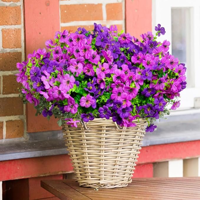 Artificial Flowers for Outdoors, 12 Bundles Outdoor Faux Plants,Uv Resistant Artificial Fake Flowers Plants, Realistic Spring Decor for Porch, Patio, Yard (DoublePurple)