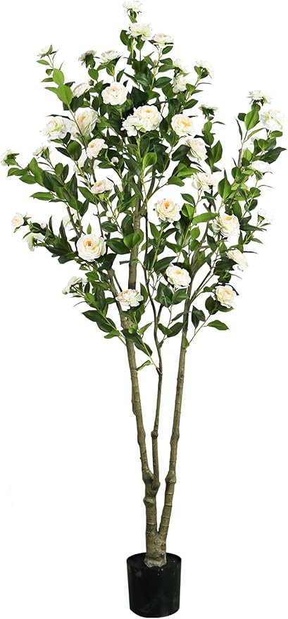 Faux Camellia Flower Tree 7ft(84in) Artificial Floor Plant for Indoor Decor Realistic Greenery Potted Tree with White Blooming Flowers and Natural Wood Trunk for Home Living Room,Office,Porch Decor
