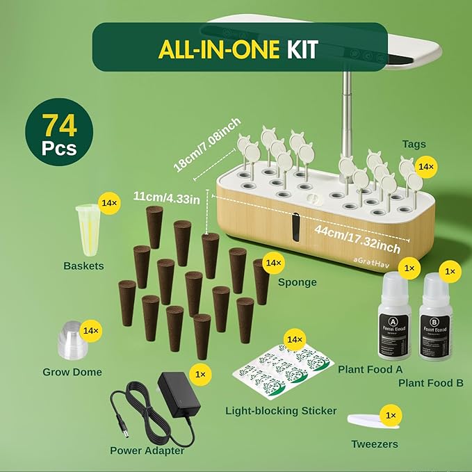 Hydroponics Growing System Kit, Indoor Herb Garden, 14 Pods Upgraded LCD Display, LED Grow Light Quiet Smart Water Pump Automatic Timer, Hydroponic Planter for Home Kitchen Office