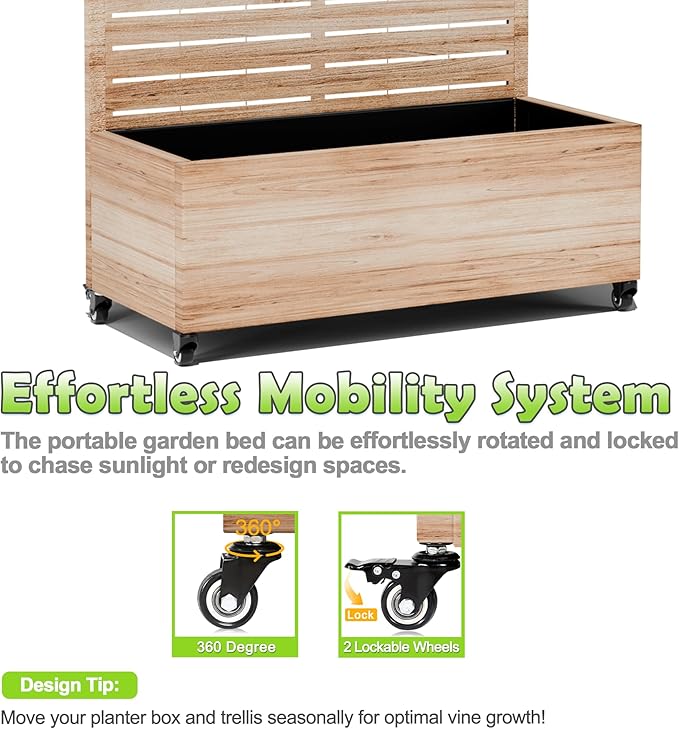 15.7"×70.9"×35.4" Metal Raised Garden Bed with Trellis and Wheels - Tall Trellis Planter Box for Climbing Plants, Vegetables & Vines - Outdoor Privacy Planters for Patio (Acacia Wood Grain)