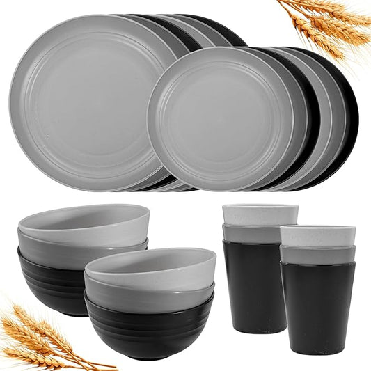Rubtlamp 24Pcs Kitchen Plastic Wheat Straw Dinnerware Set,Dinnerware Sets for 6,Microwave Dishwasher Safe Plates, Unbreakable Reusable Plastic Wheat Straw Bowls & Plate for Camping