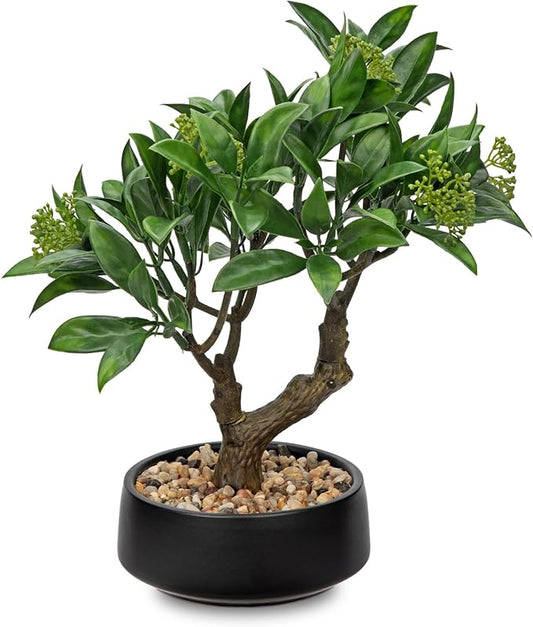 Artificial Bonsai Tree, Small Bay Laurel Bonsai Tree 13" Indoor Bonsai Tree Fake Potted Plant Decorative Fake Desk Plant Decor with Ceramic Pot for Home Office Living Room Bedroom Bathroom Table Shelf