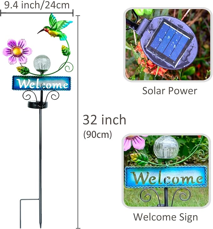 Outdoor Solar Garden Lights with Welcome Sign, Hummingbird Ornament Metal Stake Lights for Lawn, Patio, Cracked Glass Balls (Hummingbird)