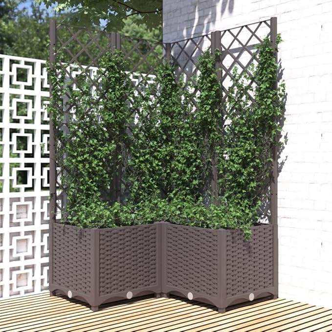 Garden Planter with Trellis, Outdoor Raised Garden Bed for Climbing Plants, Brown 31.5"x31.5"x53.5" PP
