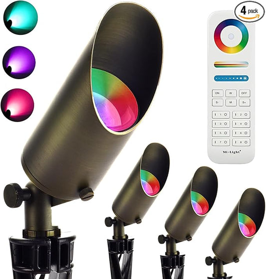 RGB Low Voltage Landscape Lighting, IP65 Adjustable Brass Color Changing Landscape Lights with Remote, 12V Spot Lights Outdoor for Yard Garden Patio Lawn Decorative