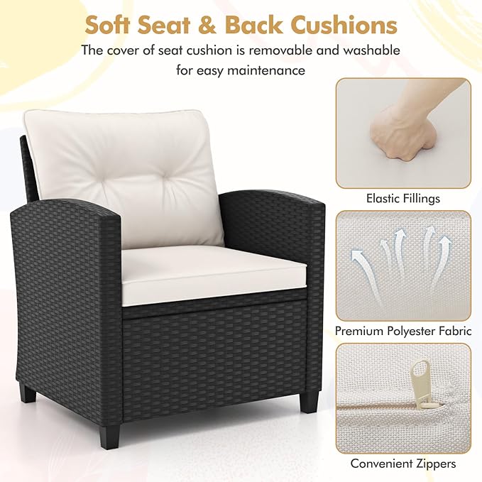 HAPPYGRILL 3 Pieces Wicker Patio Conversation Set, PE Rattan Bistro Sofa Set with Tempered Glass Coffee Table, Washable Cushions, Outdoor Furniture Set for Garden Poolside Balcony (Off White)