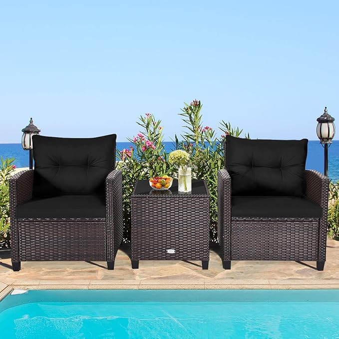 HAPPYGRILL 3 Pieces Patio Conversation Set, Outdoor Furniture Set PE Rattan Sofa Set with Removable Cushions, PE Wicker Chairs with Tempered Glass Side Table for Porch Lawn Garden Balcony Backyard